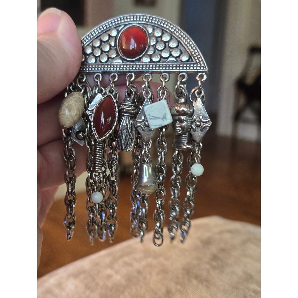 Kuchi Berber Turkmen-style Tribal Brooch Carnelian Cabochons Charms Vintage
